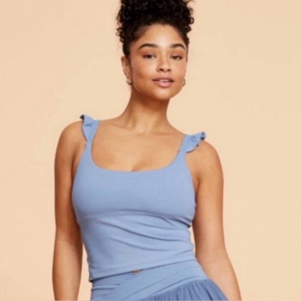 Blogilates Ruffled Tank Top Women’s  X-Large  Troposphere Blue *Best Fits MEDIUM